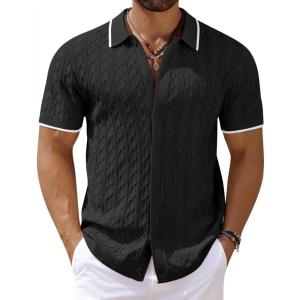imageCOOFANDY Mens Knit Short Sleeve Shirts Button Down Vintage Knitted Polo Shirt Casual Beach Crochet Cable Vacation ShirtBlackwhite