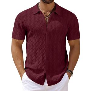 imageCOOFANDY Mens Knit Short Sleeve Shirts Button Down Vintage Knitted Polo Shirt Casual Beach Crochet Cable Vacation ShirtClaret