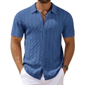 imageCOOFANDY Mens Knit Short Sleeve Shirts Button Down Vintage Knitted Polo Shirt Casual Beach Crochet Cable Vacation ShirtDenim Blue