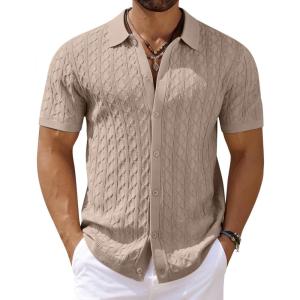 imageCOOFANDY Mens Knit Short Sleeve Shirts Button Down Vintage Knitted Polo Shirt Casual Beach Crochet Cable Vacation ShirtKhaki