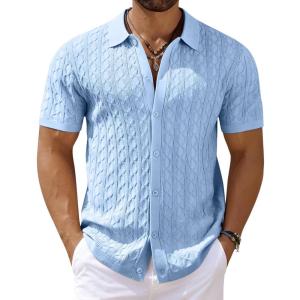 imageCOOFANDY Mens Knit Short Sleeve Shirts Button Down Vintage Knitted Polo Shirt Casual Beach Crochet Cable Vacation ShirtLight Blue