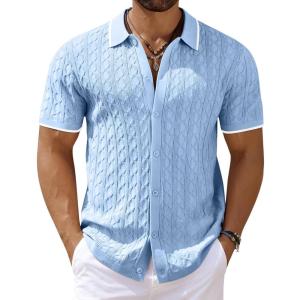 imageCOOFANDY Mens Knit Short Sleeve Shirts Button Down Vintage Knitted Polo Shirt Casual Beach Crochet Cable Vacation ShirtLight Bluewhite