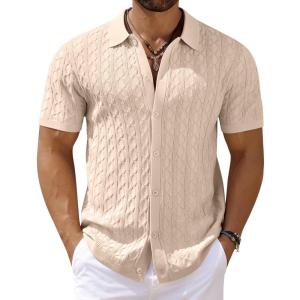 imageCOOFANDY Mens Knit Short Sleeve Shirts Button Down Vintage Knitted Polo Shirt Casual Beach Crochet Cable Vacation ShirtLight Coffee