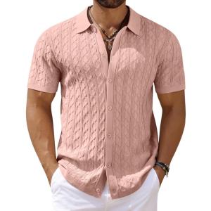 imageCOOFANDY Mens Knit Short Sleeve Shirts Button Down Vintage Knitted Polo Shirt Casual Beach Crochet Cable Vacation ShirtLotus Root Pink