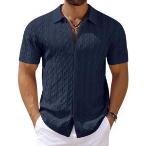 imageCOOFANDY Mens Knit Short Sleeve Shirts Button Down Vintage Knitted Polo Shirt Casual Beach Crochet Cable Vacation ShirtNavy Blue