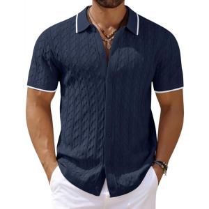imageCOOFANDY Mens Knit Short Sleeve Shirts Button Down Vintage Knitted Polo Shirt Casual Beach Crochet Cable Vacation ShirtNavy Bluewhite