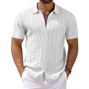 imageCOOFANDY Mens Knit Short Sleeve Shirts Button Down Vintage Knitted Polo Shirt Casual Beach Crochet Cable Vacation ShirtWhitekhaki
