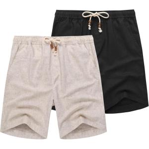 imageCOOFANDY Mens Linen Shorts Casual 9 7 Elastic Waist Drawstring Summer Beach Shorts2 Black Khaki