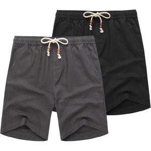 imageCOOFANDY Mens Linen Shorts Casual 9 7 Elastic Waist Drawstring Summer Beach ShortsBlack Dark Grey