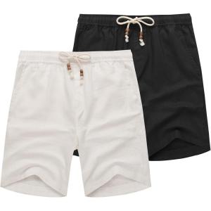 imageCOOFANDY Mens Linen Shorts Casual 9 7 Elastic Waist Drawstring Summer Beach ShortsBlack White