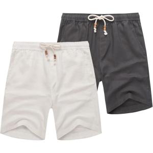 imageCOOFANDY Mens Linen Shorts Casual 9 7 Elastic Waist Drawstring Summer Beach ShortsDark Grey  White