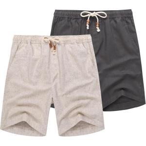 imageCOOFANDY Mens Linen Shorts Casual 9 7 Elastic Waist Drawstring Summer Beach ShortsDark Grey Khaki