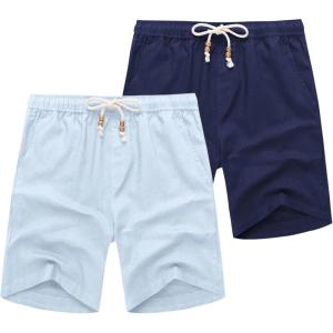 imageCOOFANDY Mens Linen Shorts Casual 9 7 Elastic Waist Drawstring Summer Beach ShortsLight Blue Navy Blue