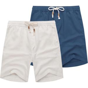 imageCOOFANDY Mens Linen Shorts Casual 9 7 Elastic Waist Drawstring Summer Beach ShortsWhite  Navy Blue