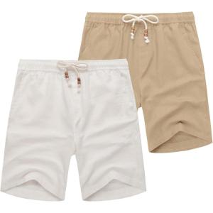 imageCOOFANDY Mens Linen Shorts Casual 9 7 Elastic Waist Drawstring Summer Beach ShortsWhite Dark Khaki