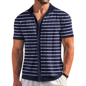 imageCOOFANDY Mens Short Sleeve Knit Shirt Casual Button Down Shirt Vintage Striped Knitted Golf Beach TopsTz377