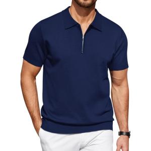 imageCOOFANDY Mens Zipper Polo Shirt Casual Knit Short Sleeve Polo T Shirt Classic Fit ShirtsNavy Bluesolidnew