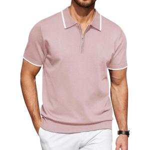 imageCOOFANDY Mens Zipper Polo Shirt Casual Knit Short Sleeve Polo T Shirt Classic Fit ShirtsPinknew