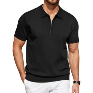imageCOOFANDY Mens Zipper Polo Shirt Casual Knit Short Sleeve Polo T Shirt Classic Fit ShirtsSolid Black