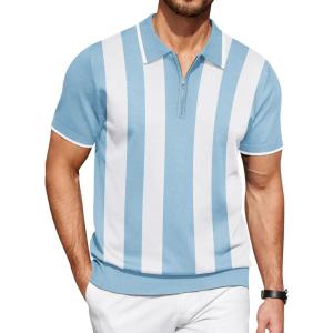 imageCOOFANDY Mens Zipper Polo Shirt Casual Knit Short Sleeve Polo T Shirt Classic Fit ShirtsZstripes  Light Blue  White
