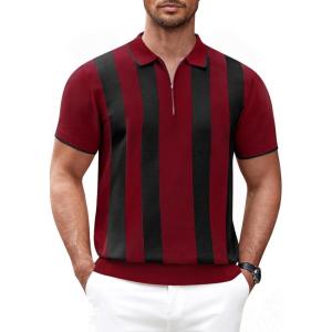 imageCOOFANDY Mens Zipper Polo Shirt Casual Knit Short Sleeve Polo T Shirt Classic Fit ShirtsZstripes  Red  Black