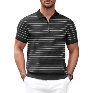 imageCOOFANDY Mens Zipper Polo Shirt Casual Knit Short Sleeve Polo T Shirt Classic Fit ShirtsZstripes Black