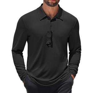 imageCOOFANDY Mens Polo Shirt Long Sleeve Moisture Wicking Sun Protection Quick Dry Golf Shirts Lightweight Collared Golf ShirtBlack