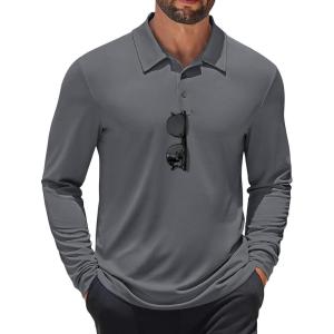 imageCOOFANDY Mens Polo Shirt Long Sleeve Moisture Wicking Sun Protection Quick Dry Golf Shirts Lightweight Collared Golf ShirtDark Grey