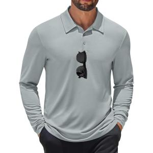 imageCOOFANDY Mens Polo Shirt Long Sleeve Moisture Wicking Sun Protection Quick Dry Golf Shirts Lightweight Collared Golf ShirtLight Grey