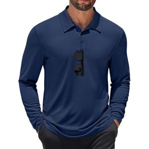 imageCOOFANDY Mens Polo Shirt Long Sleeve Moisture Wicking Sun Protection Quick Dry Golf Shirts Lightweight Collared Golf ShirtNavy Blue