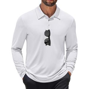 imageCOOFANDY Mens Polo Shirt Long Sleeve Moisture Wicking Sun Protection Quick Dry Golf Shirts Lightweight Collared Golf ShirtWhite