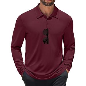 imageCOOFANDY Mens Polo Shirt Long Sleeve Moisture Wicking Sun Protection Quick Dry Golf Shirts Lightweight Collared Golf ShirtWine Red