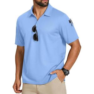 imageCOOFANDY Mens Polo Shirts Short Sleeve Quick Dry Performance Golf Polos Tactical Work Shirts with Pen PocketLight Blue