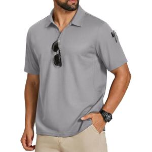 imageCOOFANDY Mens Polo Shirts Short Sleeve Quick Dry Performance Golf Polos Tactical Work Shirts with Pen PocketLight Grey