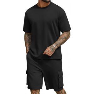imageCOOFANDY Mens Shirt and Shorts Set 2 Piece Fashion Summer Tracksuits Cotton Oversized TShirts Cargo Shorts OutfitsAll Black
