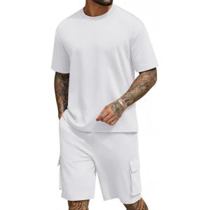 imageCOOFANDY Mens Shirt and Shorts Set 2 Piece Fashion Summer Tracksuits Cotton Oversized TShirts Cargo Shorts OutfitsAll White