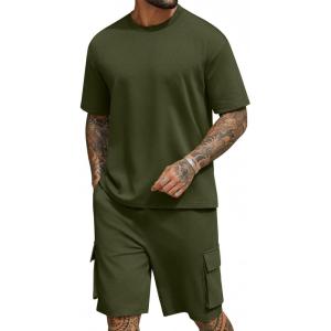 imageCOOFANDY Mens Shirt and Shorts Set 2 Piece Fashion Summer Tracksuits Cotton Oversized TShirts Cargo Shorts OutfitsArmy Green