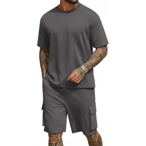 imageCOOFANDY Mens Shirt and Shorts Set 2 Piece Fashion Summer Tracksuits Cotton Oversized TShirts Cargo Shorts OutfitsDark Grey