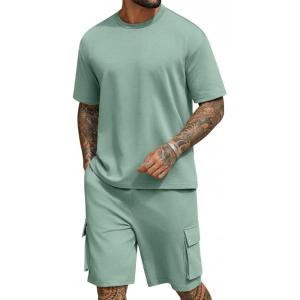 imageCOOFANDY Mens Shirt and Shorts Set 2 Piece Fashion Summer Tracksuits Cotton Oversized TShirts Cargo Shorts OutfitsGrey Green