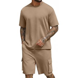 imageCOOFANDY Mens Shirt and Shorts Set 2 Piece Fashion Summer Tracksuits Cotton Oversized TShirts Cargo Shorts OutfitsKhaki