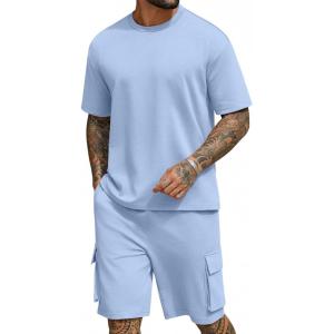 imageCOOFANDY Mens Shirt and Shorts Set 2 Piece Fashion Summer Tracksuits Cotton Oversized TShirts Cargo Shorts OutfitsLight Blue