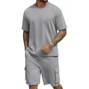 imageCOOFANDY Mens Shirt and Shorts Set 2 Piece Fashion Summer Tracksuits Cotton Oversized TShirts Cargo Shorts OutfitsLight Grey