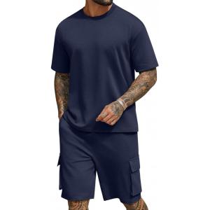imageCOOFANDY Mens Shirt and Shorts Set 2 Piece Fashion Summer Tracksuits Cotton Oversized TShirts Cargo Shorts OutfitsNavy Blue