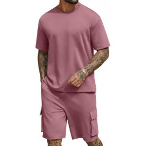 imageCOOFANDY Mens Shirt and Shorts Set 2 Piece Fashion Summer Tracksuits Cotton Oversized TShirts Cargo Shorts OutfitsPurple Red